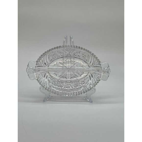 Vintage Anchor Hocking Clear Glass 2 Part Divided Relish Dish Stars & Bars - Picture 1 of 6